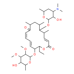 ChemSpider 2D Image | (3E,11Z,13E)-15-[(6-Deoxy-2,3-di-O-methylhexopyranosyl)oxy]-16-ethyl-5,7,9-trimethyl-2,10-dioxooxacyclohexadeca-3,11,13-trien-6-yl 3,4,6-trideoxy-3-(dimethylamino)hexopyranoside | C36H59NO11
