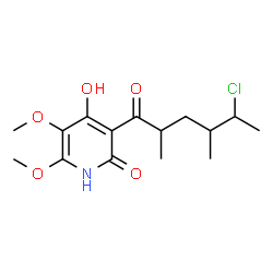 ChemSpider 2D Image | 3-(5-Chloro-2,4-dimethylhexanoyl)-4-hydroxy-5,6-dimethoxy-2(1H)-pyridinone | C15H22ClNO5
