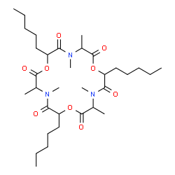 ChemSpider 2D Image | 3,4,9,10,15,16-Hexamethyl-6,12,18-tripentyl-1,7,13-trioxa-4,10,16-triazacyclooctadecane-2,5,8,11,14,17-hexone | C33H57N3O9