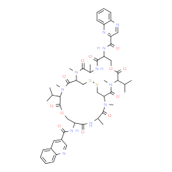 ChemSpider 2D Image | N-{11,24-Diisopropyl-2,4,12,15,17,25-hexamethyl-3,6,10,13,16,19,23,26-octaoxo-20-[(3-quinolinylcarbonyl)amino]-9,22-dioxa-28,29-dithia-2,5,12,15,18,25-hexaazabicyclo[12.12.4]triacont-7-yl}-2-quinoxali
necarboxamide | C51H63N11O12S2