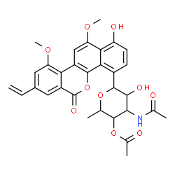 ChemSpider 2D Image | 3-Acetamido-4-O-acetyl-1,5-anhydro-3,6-dideoxy-1-(1-hydroxy-10,12-dimethoxy-6-oxo-8-vinyl-6H-dibenzo[c,h]chromen-4-yl)hexitol | C31H31NO10