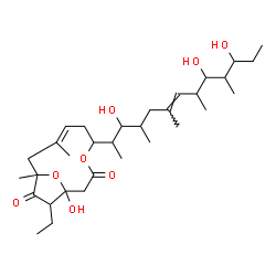 ChemSpider 2D Image | (7E)-12-Ethyl-1-hydroxy-8,10-dimethyl-5-[(6E)-3,9,11-trihydroxy-4,6,8,10-tetramethyl-6-tridecen-2-yl]-4,13-dioxabicyclo[8.2.1]tridec-7-ene-3,11-dione (non-preferred name) | C32H54O8