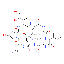 ChemSpider 2D Image | 2-[(8R,27R)-34-sec-Butyl-13-[(2S,3S)-3,4-dihydroxy-2-butanyl]-8-hydroxy-27-oxido-2,5,11,14,30,33,36,39-octaoxo-27-thia-3,6,12,15,25,29,32,35,38-nonaazapentacyclo[14.12.11.0~6,10~.0~18,26~.0~19,24~]non
atriaconta-18(26),19,21,23-tetraen-4-yl]acetamide | C39H54N10O13S