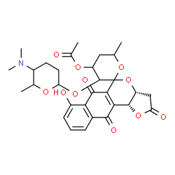 ChemSpider 2D Image | (3aR,11bR)-3'-{[5-(Dimethylamino)-6-methyltetrahydro-2H-pyran-2-yl]oxy}-7-hydroxy-6'-methyl-2,6,11-trioxo-2,3,3',3a,4',5',6,6',11,11b-decahydrospiro[benzo[g]furo[3,2-c]isochromene-5,2'-pyran]-4'-yl ac
etate | C30H35NO11