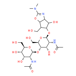 ChemSpider 2D Image | 2-(Dimethylamino)-4-hydroxy-6-(hydroxymethyl)-4,5,6,6a-tetrahydro-3aH-cyclopenta[d][1,3]oxazol-5-yl 2-acetamido-4-O-(2-acetamido-2-deoxy-beta-D-allopyranosyl)-2-deoxy-beta-D-allopyranoside | C25H42N4O14