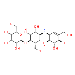 ChemSpider 2D Image | (1R,2R,4S,6R)-2,3-Dihydroxy-6-(hydroxymethyl)-4-{[(1S,4R,5S,6S)-4,5,6-trihydroxy-3-(hydroxymethyl)-2-cyclohexen-1-yl]amino}cyclohexyl beta-D-glycero-hexopyranoside | C20H35NO13