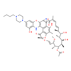 ChemSpider 2D Image | (7S,9E,11S,12R,13S,14R,15R,16R,17S,18S,19E,21Z)-30-(4-Butyl-1-piperazinyl)-2,15,17,32-tetrahydroxy-11-methoxy-3,7,12,14,16,18,22-heptamethyl-6,23,37-trioxo-8,27,38-trioxa-24,34-diazahexacyclo[23.11.1.
1~4,7~.0~5,36~.0~26,35~.0~28,33~]octatriaconta-1(36),2,4,9,19,21,24,26(35),28,30,32-undecaen-13-yl acetate | C51H64N4O13