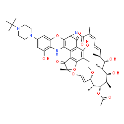 ChemSpider 2D Image | (7S,9E,11S,12R,13S,14R,15R,16R,17S,18S,19E,21Z)-2,15,17,32-Tetrahydroxy-11-methoxy-3,7,12,14,16,18,22-heptamethyl-30-[4-(2-methyl-2-propanyl)-1-piperazinyl]-6,23,37-trioxo-8,27,38-trioxa-24,34-diazahe
xacyclo[23.11.1.1~4,7~.0~5,36~.0~26,35~.0~28,33~]octatriaconta-1(36),2,4,9,19,21,24,26(35),28,30,32-undecaen-13-yl acetate | C51H64N4O13