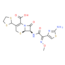 ChemSpider 2D Image | (6R,7R)-7-{[(2E)-2-(2-Amino-1,3-thiazol-4-yl)-2-(methoxyimino)acetyl]amino}-3-(1,3-dithiolan-2-yl)-8-oxo-5-thia-1-azabicyclo[4.2.0]oct-2-ene-2-carboxylic acid | C16H17N5O5S4
