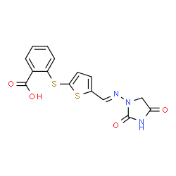 ChemSpider 2D Image | 2-[(5-{(E)-[(2,4-Dioxo-1-imidazolidinyl)imino]methyl}-2-thienyl)sulfanyl]benzoic acid | C15H11N3O4S2