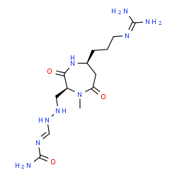 ChemSpider 2D Image | 1-[(E)-(2-{[(2S,5S)-5-{3-[(Diaminomethylene)amino]propyl}-1-methyl-3,7-dioxo-1,4-diazepan-2-yl]methyl}hydrazino)methylene]urea | C13H25N9O3