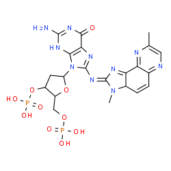 ChemSpider 2D Image | 2-Amino-9-(2-deoxy-3,5-di-O-phosphonopentofuranosyl)-8-[(Z)-(3,8-dimethyl-3,3a-dihydro-2H-imidazo[4,5-f]quinoxalin-2-ylidene)amino]-3,9-dihydro-6H-purin-6-one | C21H24N10O10P2