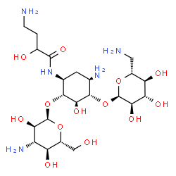 ChemSpider 2D Image | 4-Amino-N-{(1S,2R,3R,4S,5R)-5-amino-2-[(3-amino-3-deoxy-alpha-D-glucopyranosyl)oxy]-4-[(6-amino-6-deoxy-alpha-D-glucopyranosyl)oxy]-3-hydroxycyclohexyl}-2-hydroxybutanamide | C22H43N5O13