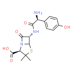 ChemSpider 2D Image | (2R,6S)-6-{[(2S)-2-Amino-2-(4-hydroxyphenyl)acetyl]amino}-3,3-dimethyl-7-oxo-4-thia-1-azabicyclo[3.2.0]heptane-2-carboxylic acid | C16H19N3O5S