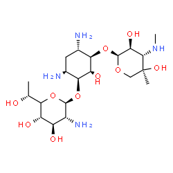 ChemSpider 2D Image | (1S,2R,3R,4S,6S)-4,6-Diamino-3-{[3-deoxy-4-C-methyl-3-(methylamino)-alpha-L-xylopyranosyl]oxy}-2-hydroxycyclohexyl 2-amino-2-deoxy-5-[(1R)-1-hydroxyethyl]-beta-D-xylopyranoside | C20H40N4O10