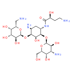 ChemSpider 2D Image | (2S)-4-Amino-N-{(1S,2R,3R,4S,5S)-5-amino-2-[(3-amino-3-deoxy-alpha-L-galactopyranosyl)oxy]-4-[(6-amino-6-deoxy-alpha-L-galactopyranosyl)oxy]-3-hydroxycyclohexyl}-2-hydroxybutanamide | C22H43N5O13