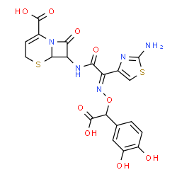 ChemSpider 2D Image | 7-{[(2E)-2-(2-Amino-1,3-thiazol-4-yl)-2-{[carboxy(3,4-dihydroxyphenyl)methoxy]imino}acetyl]amino}-8-oxo-5-thia-1-azabicyclo[4.2.0]oct-2-ene-2-carboxylic acid | C20H17N5O9S2