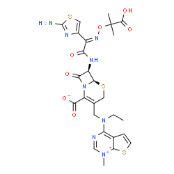 ChemSpider 2D Image | (6R,7R)-7-{[(2E)-2-(2-Amino-1,3-thiazol-4-yl)-2-{[(2-carboxy-2-propanyl)oxy]imino}acetyl]amino}-3-{[ethyl(1-methylthieno[2,3-d]pyrimidin-1-ium-4-yl)amino]methyl}-8-oxo-5-thia-1-azabicyclo[4.2.0]oct-2-
ene-2-carboxylate | C26H28N8O7S3