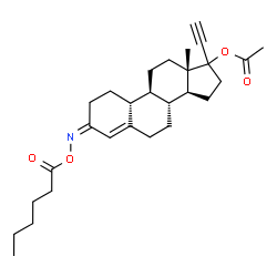 ChemSpider 2D Image | (3Z,17xi)-3-[(Hexanoyloxy)imino]-19-norpregn-4-en-20-yn-17-yl acetate | C28H39NO4