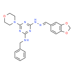 ChemSpider 2D Image | 4-[(2E)-2-(1,3-Benzodioxol-5-ylmethylene)hydrazino]-N-benzyl-6-(4-morpholinyl)-1,3,5-triazin-2-amine | C22H23N7O3