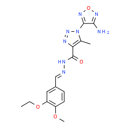 ChemSpider 2D Image | 1-(4-Amino-1,2,5-oxadiazol-3-yl)-N'-[(E)-(3-ethoxy-4-methoxyphenyl)methylene]-5-methyl-1H-1,2,3-triazole-4-carbohydrazide | C16H18N8O4