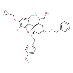 ChemSpider 2D Image | {(6E,8R,10S)-6-[(Benzyloxy)imino]-3-bromo-2-(cyclopropylmethoxy)-8-[(4-methoxybenzyl)sulfanyl]-5,6,7,8,9,10,11,12-octahydro-4aH-[1]benzofuro[3a,3,2-ef][2]benzazepin-10-yl}methanol | C35H39BrN2O5S