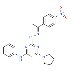 ChemSpider 2D Image | 4-{(2E)-2-[1-(4-Nitrophenyl)ethylidene]hydrazino}-N-phenyl-6-(1-pyrrolidinyl)-1,3,5-triazin-2-amine | C21H22N8O2