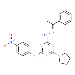 ChemSpider 2D Image | N-(4-Nitrophenyl)-4-[(2E)-2-(1-phenylethylidene)hydrazino]-6-(1-pyrrolidinyl)-1,3,5-triazin-2-amine | C21H22N8O2