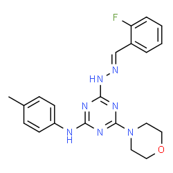 ChemSpider 2D Image | 4-[(2E)-2-(2-Fluorobenzylidene)hydrazino]-N-(4-methylphenyl)-6-(4-morpholinyl)-1,3,5-triazin-2-amine | C21H22FN7O