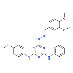 ChemSpider 2D Image | 6-[(2E)-2-(3,4-Dimethoxybenzylidene)hydrazino]-N-(4-methoxyphenyl)-N'-phenyl-1,3,5-triazine-2,4-diamine | C25H25N7O3