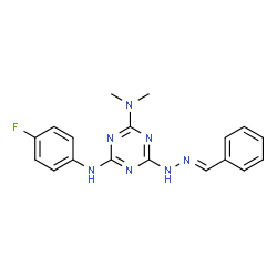 ChemSpider 2D Image | 6-[(2E)-2-Benzylidenehydrazino]-N'-(4-fluorophenyl)-N,N-dimethyl-1,3,5-triazine-2,4-diamine | C18H18FN7