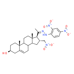 ChemSpider 2D Image | (3beta,8xi,9xi,14xi,16alpha,20Z)-20-[(2,4-Dinitrophenyl)hydrazono]-16-(nitromethyl)pregn-5-en-3-ol | C28H37N5O7