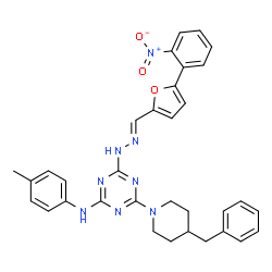 ChemSpider 2D Image | 4-(4-Benzyl-1-piperidinyl)-N-(4-methylphenyl)-6-[(2E)-2-{[5-(2-nitrophenyl)-2-furyl]methylene}hydrazino]-1,3,5-triazin-2-amine | C33H32N8O3