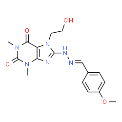 ChemSpider 2D Image | 7-(2-Hydroxyethyl)-8-[(2E)-2-(4-methoxybenzylidene)hydrazino]-1,3-dimethyl-3,7-dihydro-1H-purine-2,6-dione | C17H20N6O4