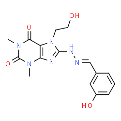 ChemSpider 2D Image | 8-[(2E)-2-(3-Hydroxybenzylidene)hydrazino]-7-(2-hydroxyethyl)-1,3-dimethyl-3,7-dihydro-1H-purine-2,6-dione | C16H18N6O4