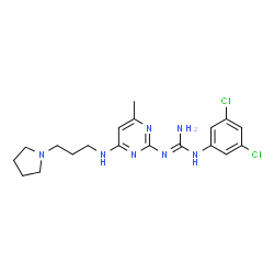ChemSpider 2D Image | 1-(3,5-Dichlorophenyl)-2-(4-methyl-6-{[3-(1-pyrrolidinyl)propyl]amino}-2-pyrimidinyl)guanidine | C19H25Cl2N7
