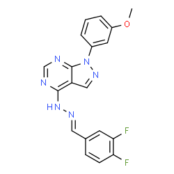 ChemSpider 2D Image | 4-[(2E)-2-(3,4-Difluorobenzylidene)hydrazino]-1-(3-methoxyphenyl)-1H-pyrazolo[3,4-d]pyrimidine | C19H14F2N6O