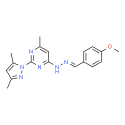 ChemSpider 2D Image | 2-(3,5-Dimethyl-1H-pyrazol-1-yl)-4-[(2E)-2-(4-methoxybenzylidene)hydrazino]-6-methylpyrimidine | C18H20N6O