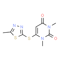 ChemSpider 2D Image | 1,3-Dimethyl-6-[(5-methyl-1,3,4-thiadiazol-2-yl)sulfanyl]-2,4(1H,3H)-pyrimidinedione | C9H10N4O2S2