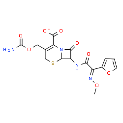ChemSpider 2D Image | 3-[(Carbamoyloxy)methyl]-7-{[(2E)-2-(2-furyl)-2-(methoxyimino)acetyl]amino}-8-oxo-5-thia-1-azabicyclo[4.2.0]oct-2-ene-2-carboxylate | C16H15N4O8S