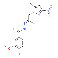 ChemSpider 2D Image | 4-Hydroxy-3-methoxy-N'-[(2E)-1-(5-methyl-3-nitro-1H-pyrazol-1-yl)-2-propanylidene]benzohydrazide | C15H17N5O5
