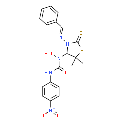 ChemSpider 2D Image | 1-{3-[(E)-Benzylideneamino]-5,5-dimethyl-2-thioxo-1,3-thiazolidin-4-yl}-1-hydroxy-3-(4-nitrophenyl)urea | C19H19N5O4S2