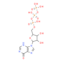 ChemSpider 2D Image | 9-[5-O-(Hydroxy{[hydroxy(phosphonooxy)phosphoryl]oxy}phosphoryl)pentofuranosyl]-1,9-dihydro-6H-purin-6-one | C10H15N4O14P3