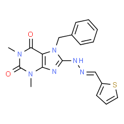 ChemSpider 2D Image | 1,3-dimethyl-7-(phenylmethyl)-8-[2-(thiophen-2-ylmethylidene)hydrazinyl]purine-2,6-dione | C19H18N6O2S