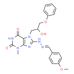 ChemSpider 2D Image | 7-(2-Hydroxy-3-phenoxypropyl)-8-[(2E)-2-(4-methoxybenzylidene)hydrazino]-3-methyl-3,7-dihydro-1H-purine-2,6-dione | C23H24N6O5