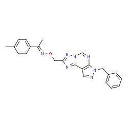 ChemSpider 2D Image | (1E)-N-[(7-Benzyl-7H-pyrazolo[4,3-e][1,2,4]triazolo[1,5-c]pyrimidin-2-yl)methoxy]-1-(4-methylphenyl)ethanimine | C23H21N7O