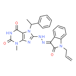 ChemSpider 2D Image | 8-[(2E)-2-(1-Allyl-2-oxo-1,2-dihydro-3H-indol-3-ylidene)hydrazino]-3-methyl-7-(1-phenylethyl)-3,7-dihydro-1H-purine-2,6-dione | C25H23N7O3