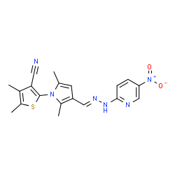 ChemSpider 2D Image | 2-(2,5-Dimethyl-3-{(E)-[(5-nitro-2-pyridinyl)hydrazono]methyl}-1H-pyrrol-1-yl)-4,5-dimethyl-3-thiophenecarbonitrile | C19H18N6O2S