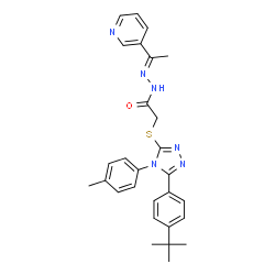 ChemSpider 2D Image | 2-({4-(4-Methylphenyl)-5-[4-(2-methyl-2-propanyl)phenyl]-4H-1,2,4-triazol-3-yl}sulfanyl)-N'-[(1E)-1-(3-pyridinyl)ethylidene]acetohydrazide | C28H30N6OS