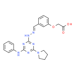 ChemSpider 2D Image | {3-[(E)-{[4-Anilino-6-(1-pyrrolidinyl)-1,3,5-triazin-2-yl]hydrazono}methyl]phenoxy}acetic acid | C22H23N7O3